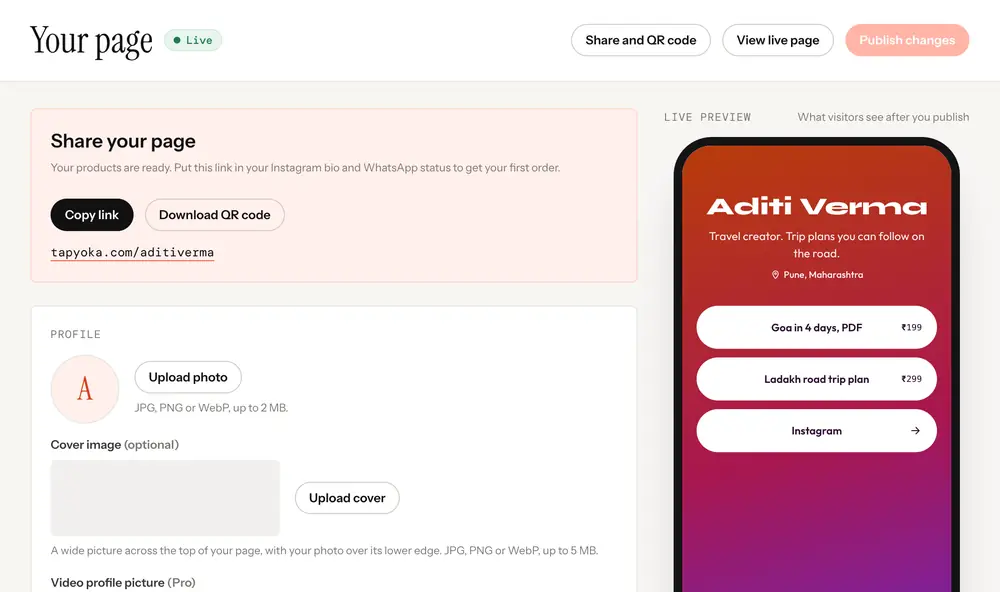 The Your page screen with the profile form on the left and a live preview of the page on the right