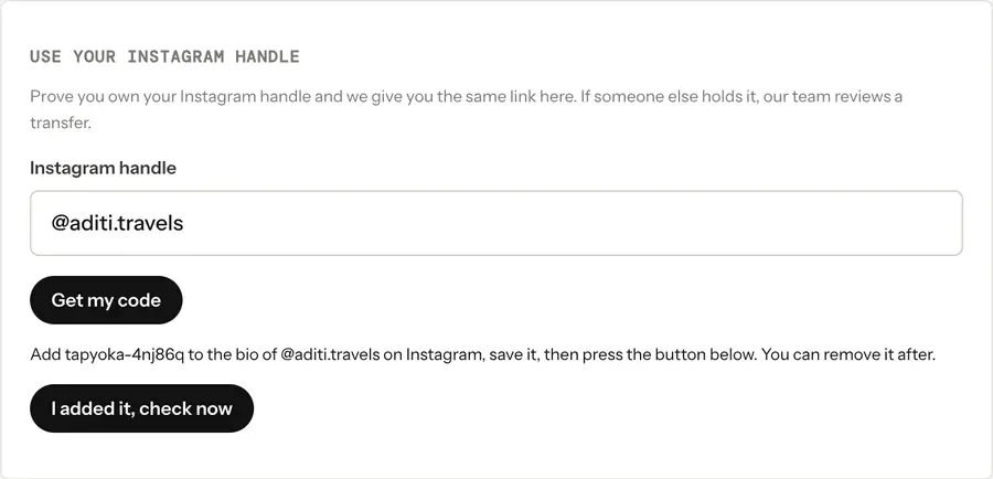 The Use your Instagram handle section in Settings with a handle entered and a code to add to the bio