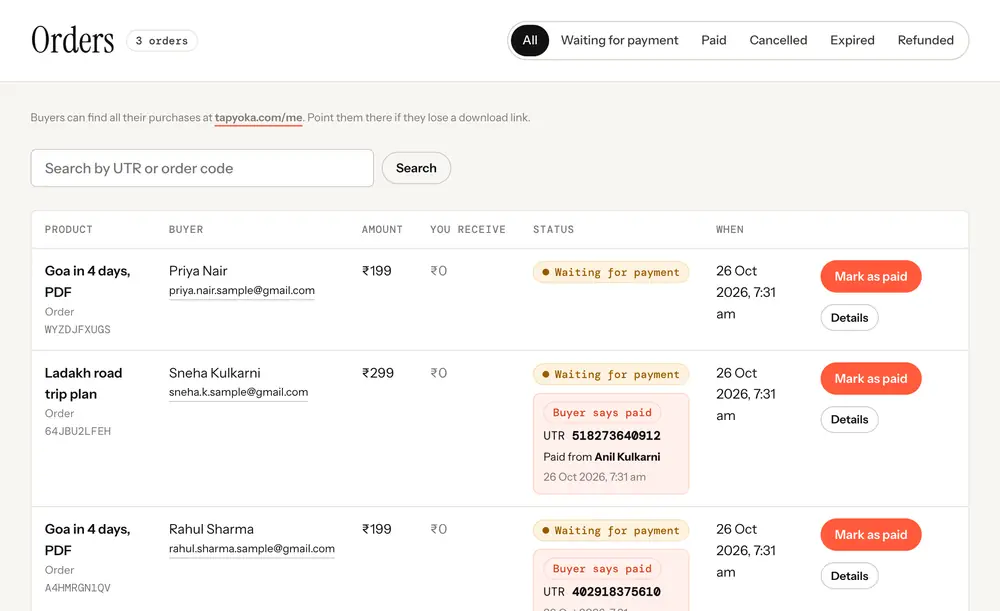 The Orders screen with three orders waiting for payment, two of them showing a Buyer says paid box with a UTR