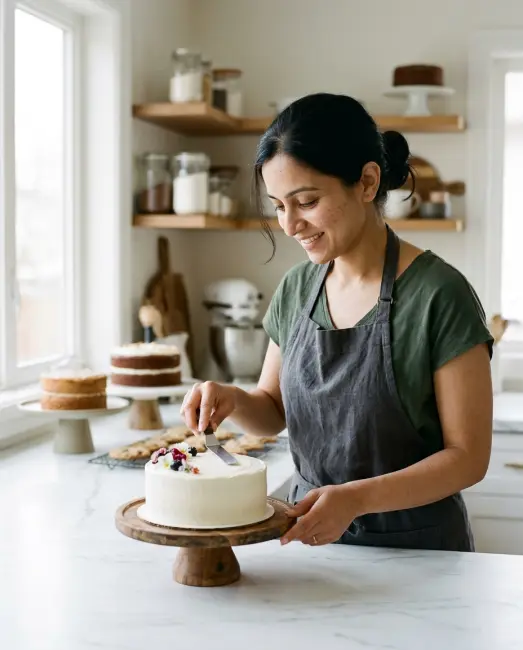 A home baker finishing a cream cake in her kitchen