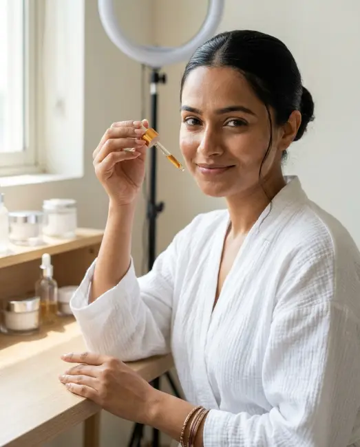 A beauty creator testing a serum at her vanity with a ring light and a phone