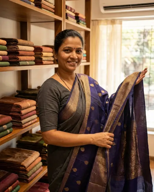 A boutique owner folding sarees on a shelf in her store