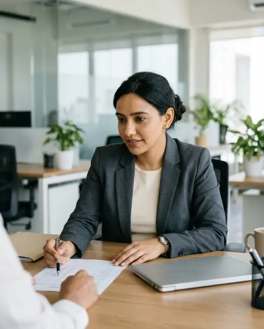 A chartered accountant going through papers with a client at her desk