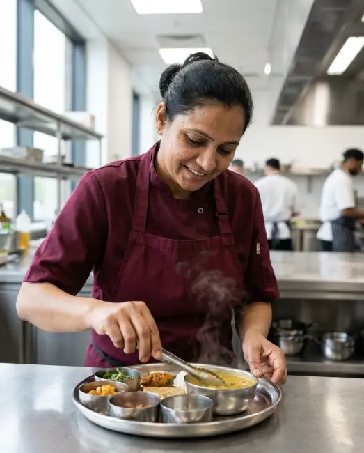 A home chef packing dal, sabzi and rotis into steel tiffins