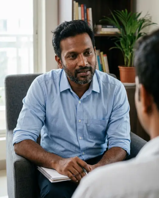A career coach listening to a client in his coaching room