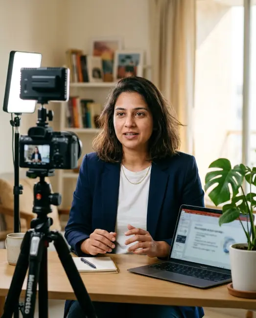 A course creator recording a lesson to a camera at her desk