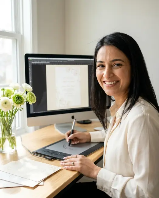 A designer drawing a wedding invite on a tablet, with flowers and printed samples on her desk
