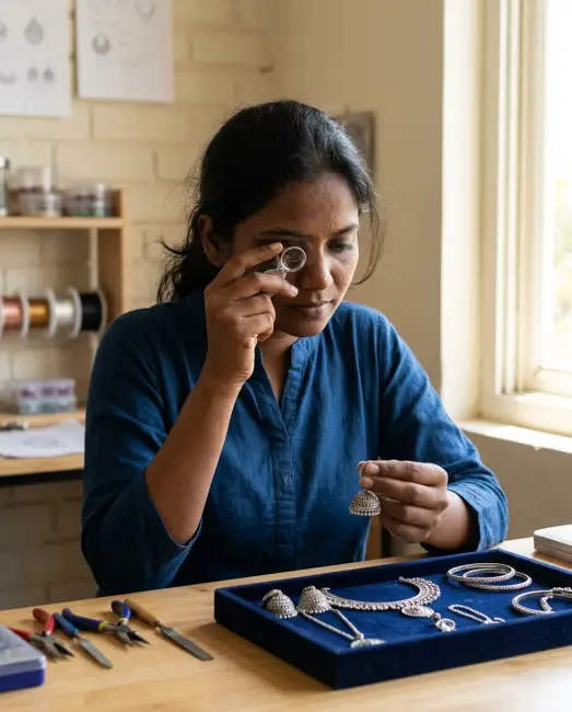 A jewellery maker checking a silver jhumka with a loupe at her workbench