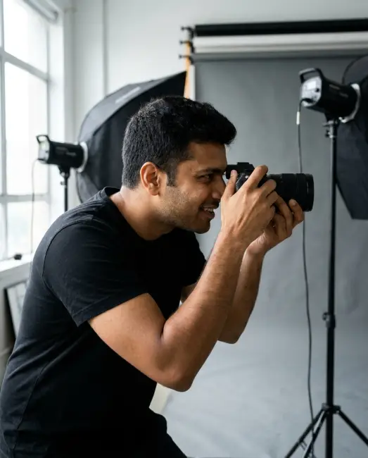 A photographer editing a portrait on a laptop beside his camera