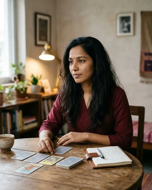 A tarot reader laying out cards at a small table in lamp light