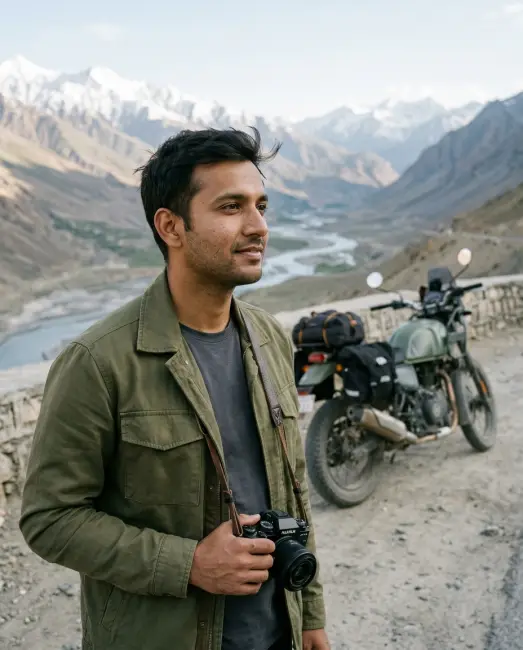 A travel creator with a camera at a mountain viewpoint in Spiti