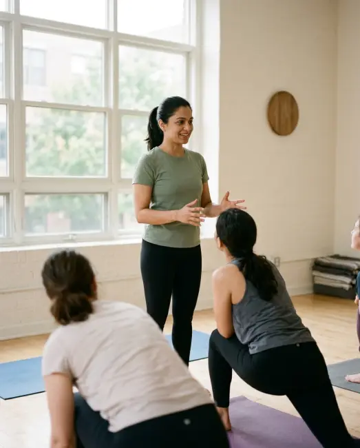 A yoga teacher leading a morning class in a studio